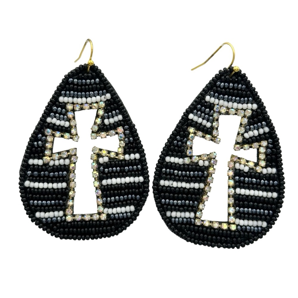 Christian Cross Cut Out Seed Bead Black & White Teardrop Dangle Earrings